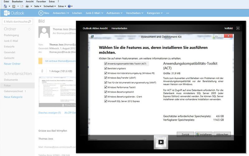 E-Mails mit Bildern sammelt Outlook.com in einem eigenen Ordner, das gilt auch für Videos und Dokumente. So lassen sich diese schneller und einfacher betrachten. Dazu muss keine Software auf dem Clientcomputer installiert sein, die Ansicht erfolgt online. Mehrere Bilder lassen sich außerdem auch als Diashow anzeigen. (Archiv: Vogel Business Media)