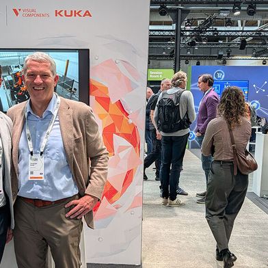 Toni Burger (l., CEO & CFO bei Komsa) und Christoph Schell (CEO der Kuka Group) präsentierten die Zusammenarbeit beider Unternehmen bereits auf der Nvidia GTC in Berlin 2026.  (Bild: Komsa)