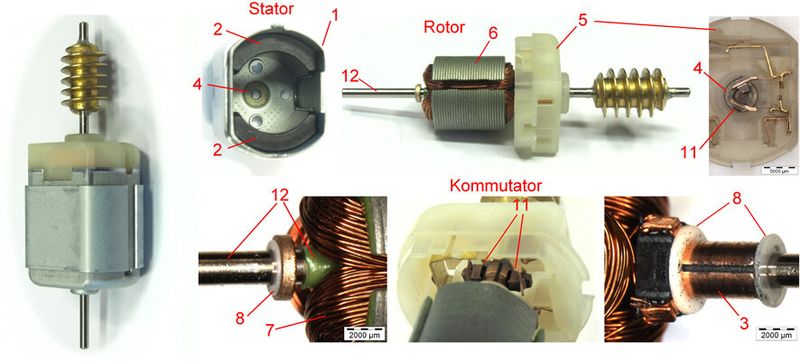 Komponenten eines modernen Miniatur-Gleichstrom-Elektromotors mit Kohlebürsten, der nach kurzer Betriebszeit ausgefallen ist. (Bild: OFG)