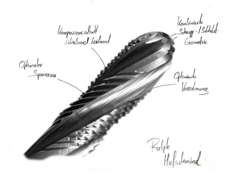 Zeichnung, die von Ralph Hufschmied im Jahr 2016 zum Graftor angefertigt wurde. Der Graftor ist ein Fräswerkzeug mit nanokristalliner Diamantbeschichtung (DIP), spezialisiert auf Graphitbearbeitung. (Hufschmied Zerspanungssysteme )