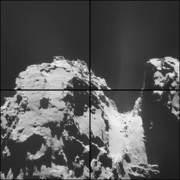 Montage aus vier Einzelaufnahmen, die die Navigationskamera an Bord der Raumsonde Rosetta am 2. Oktober 2014 vom Kometen 67P/Churyumov-Gerasimenko gemacht hat. Sie entstanden aus etwa 19 km Entfernung zum Zentrum des Kometen. (Bild: ESA)