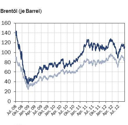 HWWI-Rohstoffpreisindex: Dunkelblaue Kurve: US-Dollar; hellblaue Kurve: Euro (Bild: HWWI Consult)