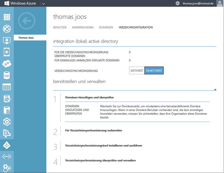 Abbildung 1: Im Windows Azure-Verwaltungscenter legen Administratoren entweder neue Domänen an oder binden eine Office-365-Domäne an. Nach der ersten Anbindung lassen sich weitere Domänen anbinden. Sobald die Verbindung mit Office 365 hergestellt ist, lassen sich die Dienste in Office 365 über Windows Azure absichern. (Bild: Joos)