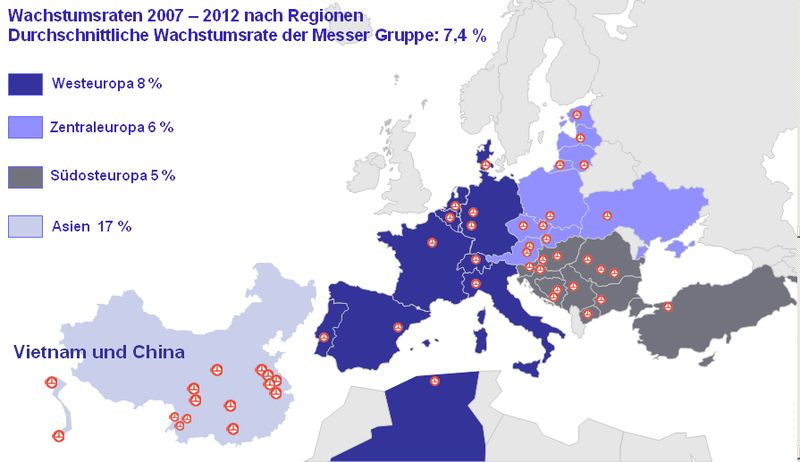 Standorte und Wachstumsraten der Messer Gruppe  (Bild: Messer)