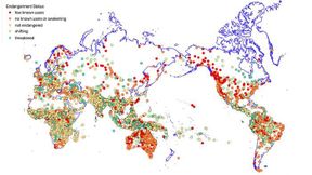 Contemporary languages and endangerment status. Made with a Natural Earth base map using data from Glottolog 5.3 and information adapted from Glottoscope. (Source: Claire Bowern)
