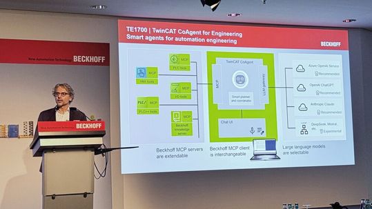 Beckhoff-Pressekonferenz auf der SPS 2025: Dr. Fabian Bause erklärt die KI-Integration in der Steuerung.(Bild:  mc/VCG)