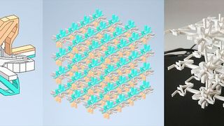 Links eine Einheitszelle aus Strukturelementen. In der Mitte ist Aufbau des programmierbaren Materials aus vielen Zellen konstruktiv dargestellt. Rechts wieder der 3D-gedruckte Demonstrator. (Bild: Fraunhofer IWM)