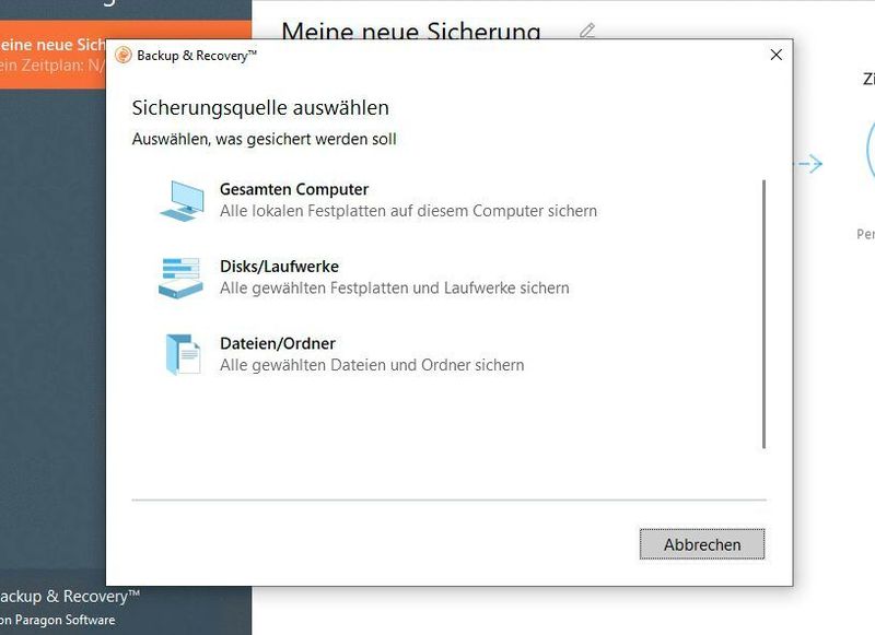 Auswählen der Backup-Quelle von Paragon Backup & Recovery Community Edition. (Joos/Paragon (Screenshot))