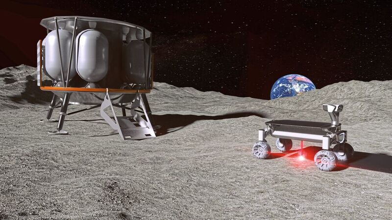 Die Moonrise-Technologie im Einsatz auf dem Mond. Links die Mondlandefähre ALINA, rechts der Rover mit der Moonrise-Technologie – mit angeschaltetem Laser beim Aufschmelzen von Mondstaub. (LZH)