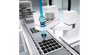 Anwendungsbeispiel: Ein mit dem Hub-Dreh-Modul BNS-V ausgestatteter Scara-Roboter. (THK)