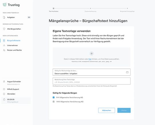 (Bürgschaftstexte lassen sich über Trustlog einfach hochladen. Bild: Trustlog GmbH)