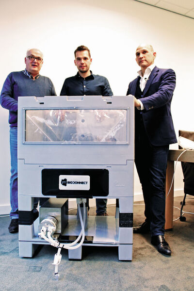 The JM Separations team — John van der Veeken, left, Tom van der Veeken, middle, and Mark van Trier, right — are filling a niche in the batch-mixing world with the Quattro Mix Single-Use Mixing System. (Picture: Quattroflow)