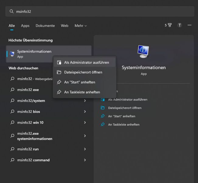 Für die Überprüfung der Geräteverschlüsselung sind die Systeminformationen notwendig. Das Tool msinfo32.exe muss dazu mit Adminrechten gestartet werden. (Bild: Joos)