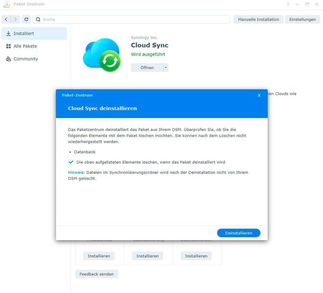 Auswählen der Deinstallationsoptionen von Apps auf Synology-NAS-Systemen. (Joos/Synology (Screenshot))