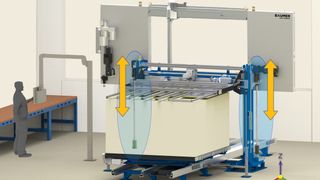 Die Horizontal-Schaumstoffschneidemaschine OFS-HE3 von Bäumer verwendet zwei Thomson-KGT-D-Kugelgewindetriebe, um den schweren Schneidkopf entlang der z-Achse auf und ab zu bewegen.  (Bild: Albrecht Bäumer)