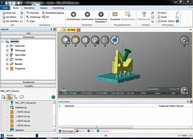 Bild 2: Ein Simulationstool sorgt dafür, dass Simulationsprozesse voll automatisiert und transparent ablaufen. So werden die Einfahrzeiten an der Maschine sowie manuelle Eingriffe merklich reduziert, die Schnittbedingungen optimiert sowie die Programmlaufzeiten für die Kalkulation exakt ermittelt. (Bild: Hofmann)