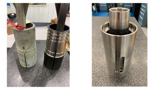 Links: Ein 3D-gedrucktes Teil, das in der Öl- und Gasindustrie verwendet wird (links), wird durch Präzisionsbearbeitung (rechts) so umgewandelt, dass es die anspruchsvollen Spezifikationen erfüllt. Wenn Massenteile das Ende ihrer Lebensdauer erreichen, kann ihr Material jetzt mit der proprietären, einstufigen Greyhound M2P-Plattform von Continuum recycelt werden, wobei neue, hochwertige Materialien über Continuum Powder as a Service (CPaaS) an den Hersteller zurückgegeben werden. 
Rechts: Eine fertige, 3D-gedruckte Öl- und Gaskomponente mit einer speziellen Beschichtung des Innendurchmessers, die den Verschleiß reduziert und die Lebensdauer verlängert.  (Bild: Mit freundlicher Genehmigung von Knust-Godwin)