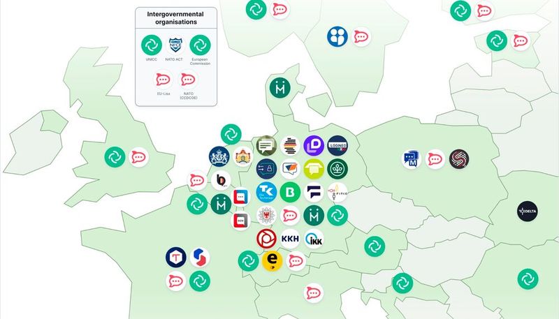 Diese Europakarte zeigt, welche öffentlichen Einrichtungen und Behörden Matrix‑basierte beziehungsweise Matrix‑kompatible Kommunikationssysteme nutzen.(Bild:  Element)