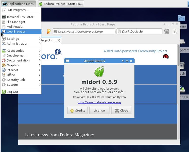 Über „Applications Menu\Webbrowser“ steht der Midori-Bbrowser zur Verfügung. Als Suchmaschine verwendet der Browser „DuckDuckGo. Mit WebKit verwendet Midori im Grunde die gleiche HTML-Engine wie Google Chrome und Apple Safari. (Bild: Thomas Joos)