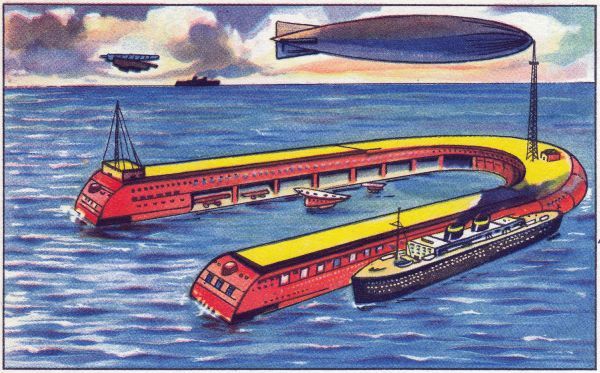 Die künstliche Insel: Da auf dem kürzesten Weg nach Amerika keine Insel liegt, die den Luftfahrzeugen als Nothafen dienen könnte, ist man auf den Gedanken gekommen, mitten im Ozean einen künstlichen Landungsplatz zu verankern. Natürlich befinden sich auf der Insel Hotels, Bäder, Restaurants und auch ein Kino, damit die Passagiere ihre Bequemlichkeit haben, falls ein Sturm sie mehrere Tage auf der Insel festhält.  (Bild: Echte Wagner, retro-futurismus.de)