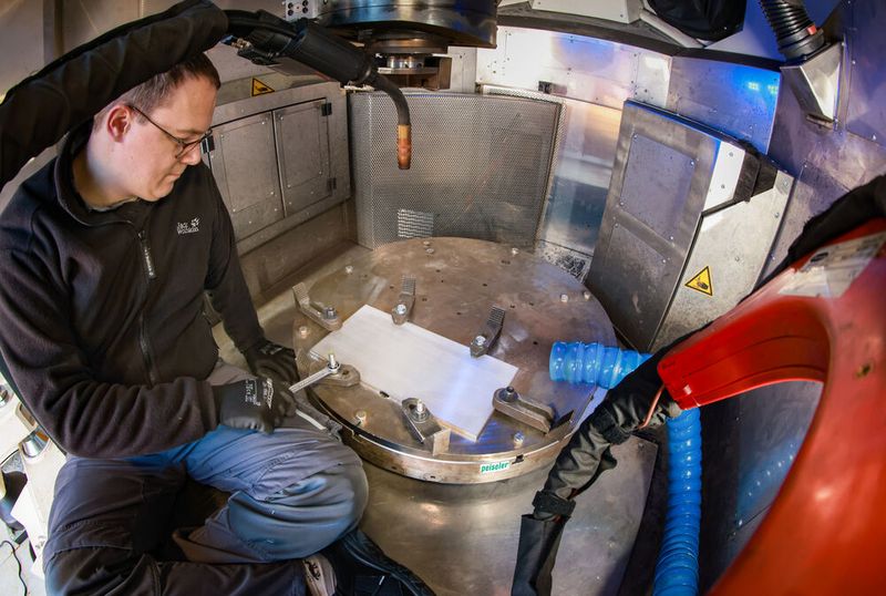 Stefan Burger, Projektingenieur bei Bionic Production, beim Einspannen eines Werkstücks in der Mobile Smart Factory. (Bild: Peiseler/Ulrich Perrey)