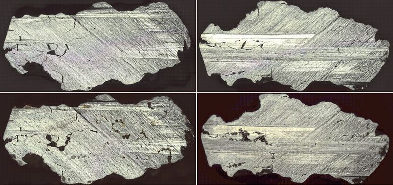 Abb.3: Meteoriten-Schnitthälften, unbewittert (oben) und bewittert (unten). Das rechte Fragment wurde vor Korrosion geschützt. (Innovent w.V.)