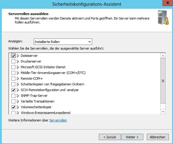 Mit dem Sicherheitskonfigurations-Assistenten können Administratoren die Serverrollen des lokal installierten Servers auswählen und entsprechend absichern. (Bild: Thomas Joos)