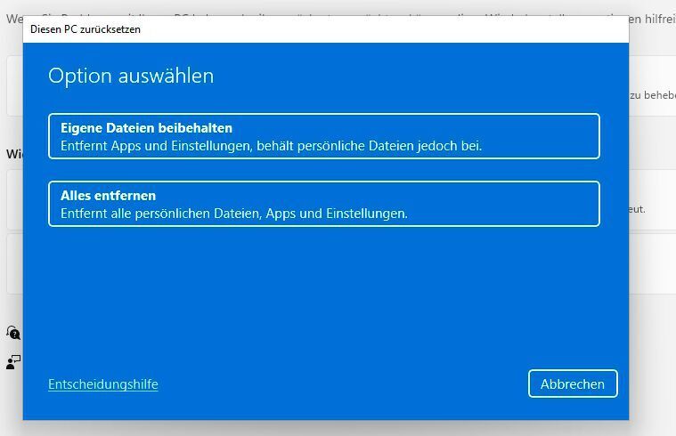 Auswählen der Optionen zum Zurücksetzen von Windows 11. (Microsoft / Joos)