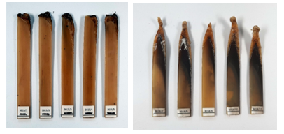 Strahlenvernetztes, flammgeschütztes PA11 (links), PA11 mit Calciumcarbonat ohne Flammschutzmittel (rechts).  (Bild:  ©Fraunhofer WKI)