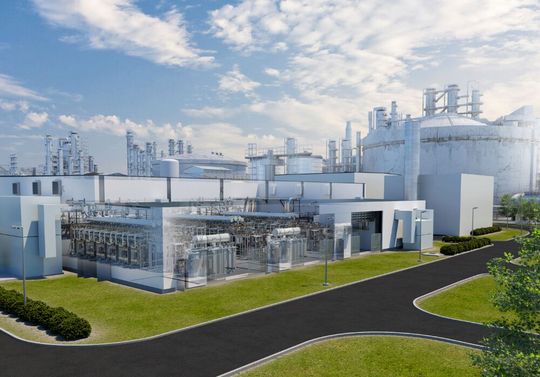 Darstellung der zukünftig am Standort der BASF in Ludwigshafen integrierten Wasserelektrolyse, die in Kooperation mit Siemens Energy errichtet wird. Die Anlage, das sogenannte Hy4Chem-EI-Projekt, wird eine Kapazität von bis zu 8.000 Tonnen Wasserstoff pro Jahr besitzen.(Bild:  Simens Energy)