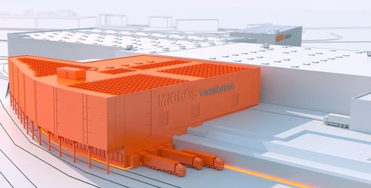 Der neue Logistikbereich der Migros Verteilbetrieb AG (MVB) im Schweizerischen Suhr wird auf das Dach des ans Logistikzentrum angrenzenden Versandbahnhofes gebaut.(Bild:  Witron)