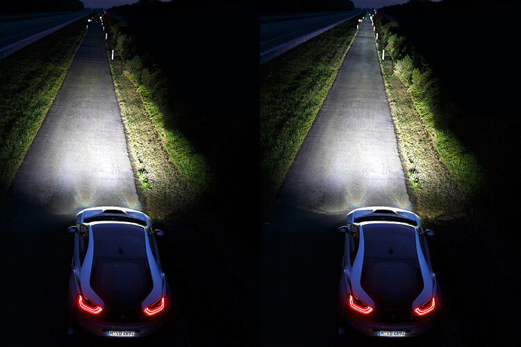 Erstmals gab es Laser-Fernlicht im Jahr 2014 in den Sportwagen Audi R8 LMX und BMW i8 ( im Bild). Ihre Voll-LED-Scheinwerfer erhielten mit einem Laser-Spotlight zusätzlich ein zweites Fernlicht. Dieses reicht mit rund 600 Metern weit über die maximal 300 Meter des LED-Fernlichts hinaus. Der im Juni auf den Markt kommende neue Audi R8 wird auch damit ausgerüstet sein. (Foto: BMW)
