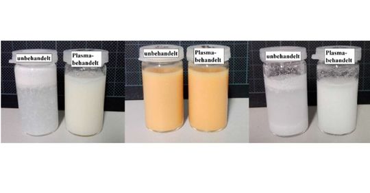 Dispersionen von 10 g/l PEEK (links), 10 g/l PI (mittig) und 30 g/l hBN (rechts) in H2O, Bilder aufgenommen zwei Minuten nach der Zugabe der Pulver(Bild:  Innovent e.V.)