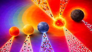 The evolution of carburization (depicted by the spheres) under kinetic control (illustrated by the surface contours). The molecular beams represent gas evolution under synthesis conditions while the fiery sphere highlights the formation of the pure tungsten semi-carbide phase with additional molecular beams at the top to illustrate its catalytic performance. (Source: Sinhara M. H. D. Perera)