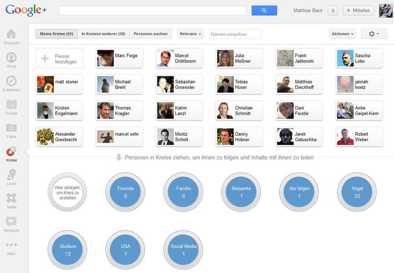 Auf Google+ kann der Nutzer Bekannte sogenannten Kreisen zuordnen. Dies ist ähnlich wie die Tags auf Xing und ermöglicht ein gezieltes Ansprechen unterschiedlicher Freundesgruppen. (Screenshot: Google)