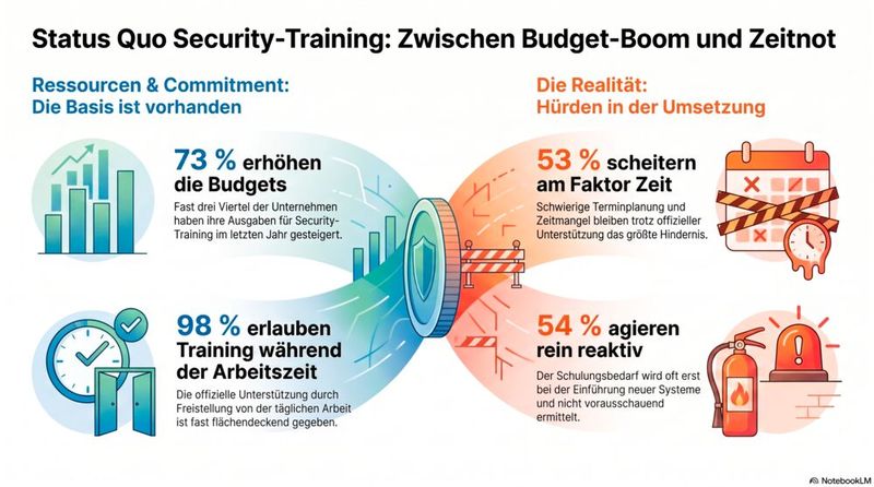 Der gute Wille ist da: Unternehmen erhöhen ihre Budgets für Security-Trainings und erlauben die Schulungen auch während der Arbeitszeit. Dennoch scheitert die Umsetzung häufig daran, dass die Trainings im vollgepackten Arbeitstag nicht untergebracht werden können. (Bild: Gemini / KI-generiert)