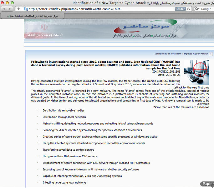 Screenshot des Berichts des Iranischen CERTs. ((Quelle: Certcc.ir))