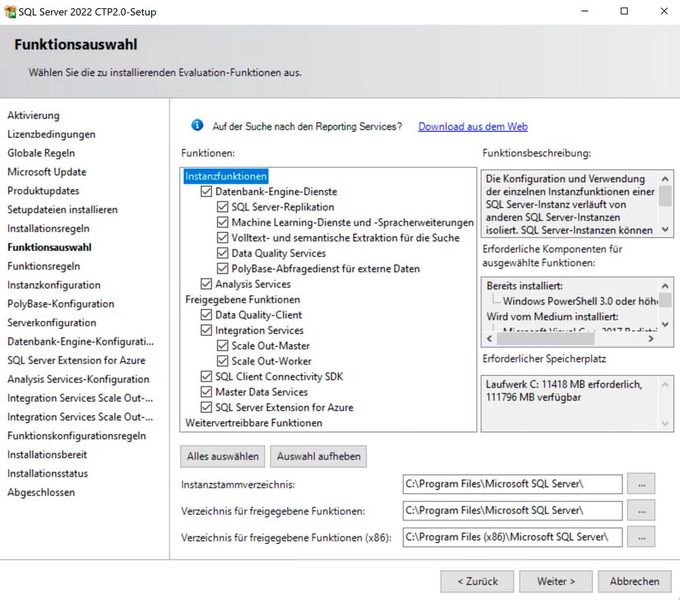 Auswählen der Komponenten zur Installation der Preview von SQL Server 2022. (Bild: Joos (Screenshot))