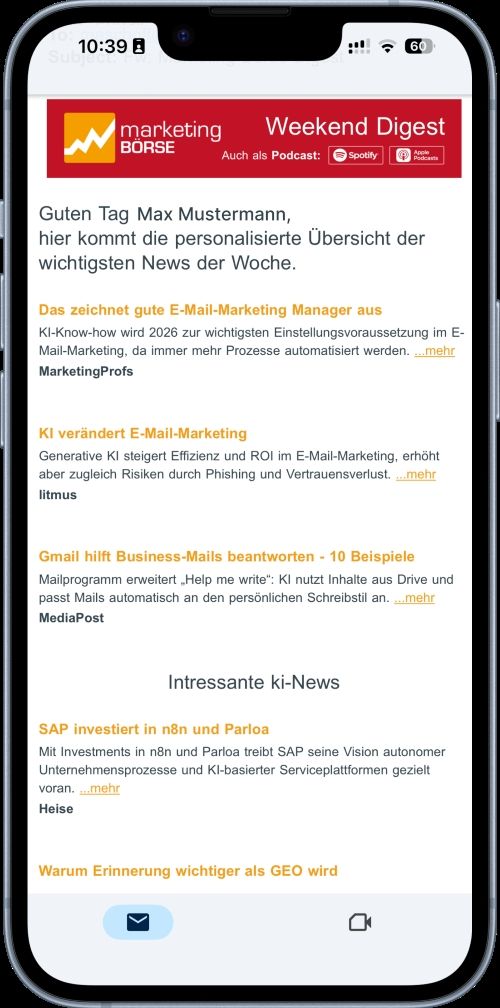 Die marketing-Börse bietet ihren Lesern jetzt einen personalisierten Weekend-Digest an.(Bild:  marketing-Börse GmbH)