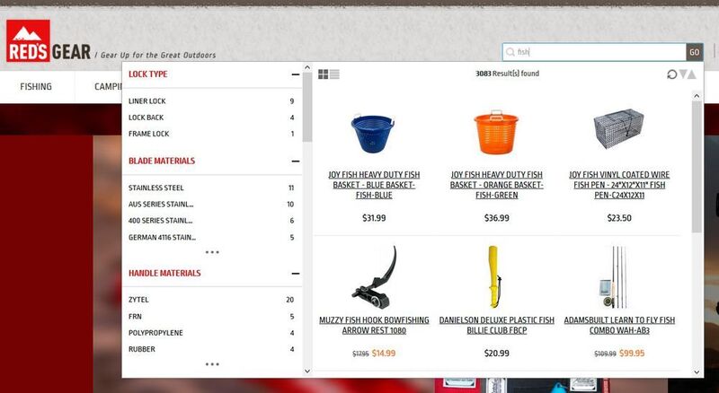 RedGear, US Anbieter für Jagd- und Outdoor-Equipment, liefert neben Produkt-Thumbnails auch gleich passende Produktfilter und die Anzahl vermeintlich passender Treffer. (PR-COM / ARITHNEA)