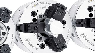 Schunk-Pronto-Prismenbacken ermöglichen auf Backenfuttern eine flexible Spannung unterschiedlichster Werkstückgeometrien. Innerhalb von 15 s lässt sich ein kompletter Backensatz präzise wechseln. (Schunk)