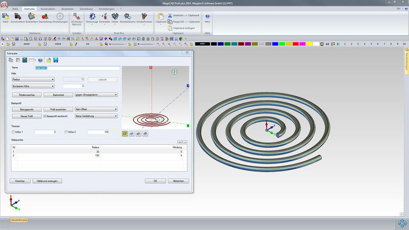 Spiralen für Extruderschnecken oder Schrauben lassen sich leicht mit der neuen Funktion Advanced Helix erzeugen. (Bild: Megatech)