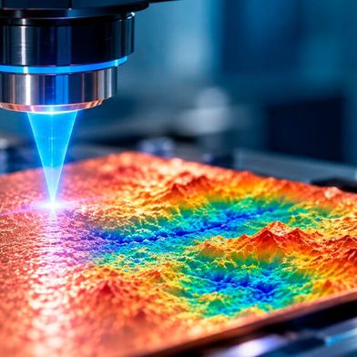 Kupferrauheit: Die berührungslose 3D-Lasermessung macht die Oberflächenstruktur von Kupferfolien sichtbar. Ein neues IPC-Prüfverfahren soll die Charakterisierung der für Highspeed-Leiterplatten wichtigen Materialeigenschaft vereinheitlichen. (Bild: Dall-E / KI-generiert)