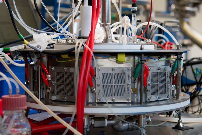 Elektro-Biogas-Fermenter mit montierten Brennstoffzellen: In dem 10-Liter-Prototyp-Fermenter mit vorgeschalteter und von Brain etablierter Exoenzymfarm konnte der Biogas-Produktionsprozess validiert werden und steht für eine industrielle Nutzung zur Verfügung. (Bild: © Luise Böttcher/Archiv Brain)