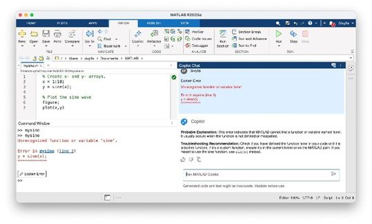 „Explain Error“ in Matlab Copilot liefert detaillierte Erklärungen und mögliche Ursachen für Fehlermeldungen. (Bild:  MathWorks)
