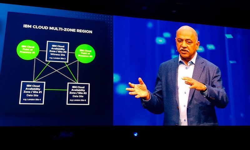 Auf der VMworld Europe 2018 in Barcelona präsentierte Arvind Krishna, SVP Hybrid Cloud bei IBM, neue Services, mit der sich geschäftskritische VMware-Umgebungen in die IBM Cloud migrieren lassen. (Stefan Girschner)
