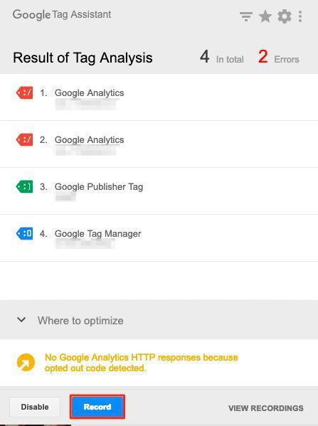 Screenshot der Anwendung Google Tag Assistant. (eology)