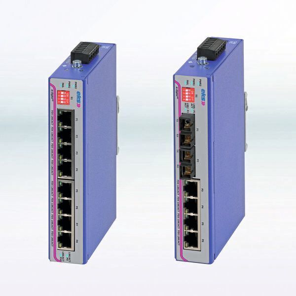 Die E-Light-4G-Familie von EKS Engel besteht aus vier Switches, die Gigabit-Ethernet unterstützen und nur 30  mm breit sind. Neben einem Gerät mit acht elektrischen Ports (10/100/1000 Base-TX) werden drei Ausführungen mit zusätzlichen optischen Ports (1000 Base-FX) angeboten, die in den Kombinationen 8TX/2FX und 4TX/2FX sowie 6TX/2FX mit Steckplätzen für SFP-Module bereitstehen. Single- und Multimode-Transceiver ermöglichen Übertragungsentfernungen bis zu 100  km. Mit DIP-Schaltern lassen sich für alle Ports Alarme aktivieren, die via LED und einen Fehlerrelaiskontakt abgefragt werden können. 
SPS IPC Drives: Halle 9, Stand 401 (EKS Engel)