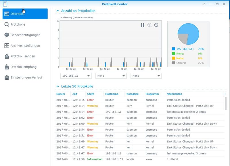 Der Syslog-Server in Aktion. Im Überblick liefert das Programm notwendige Informationen (etwa den verwendeten Port), zeigt die letzten empfangenen Protokolle und die entsprechenden Einträge. (Bild: Security-Insider)