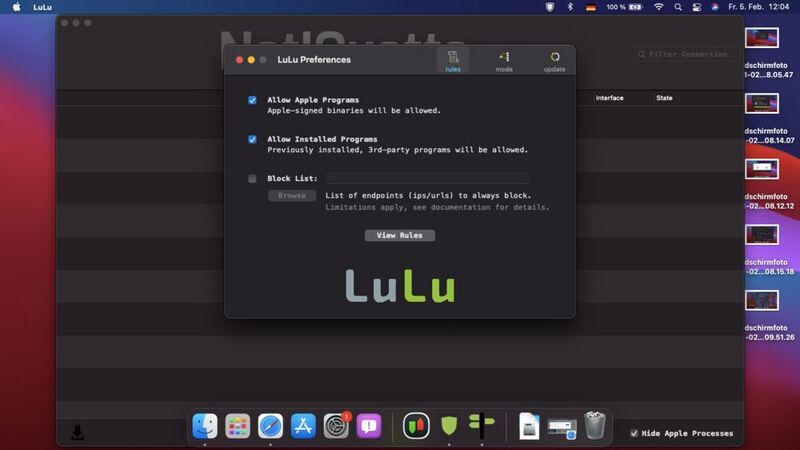 Aktivieren der zugelassenen Anwendungen in LuLu nach der Installation. (Joos)
